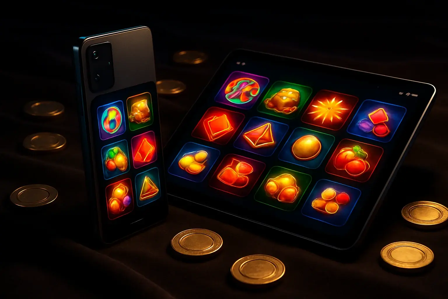 Hyperrealistic shot of Android phone and tablet with glowing casino app UI