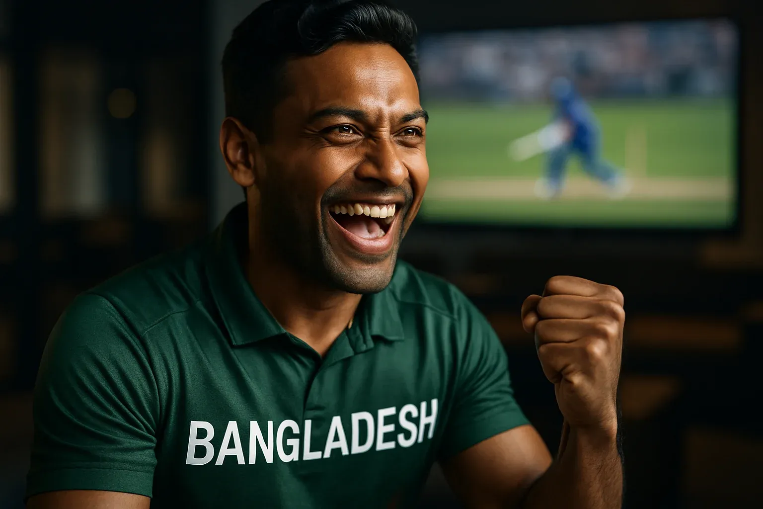 Bangladeshi male athlete celebrating bet win in modern sports lounge