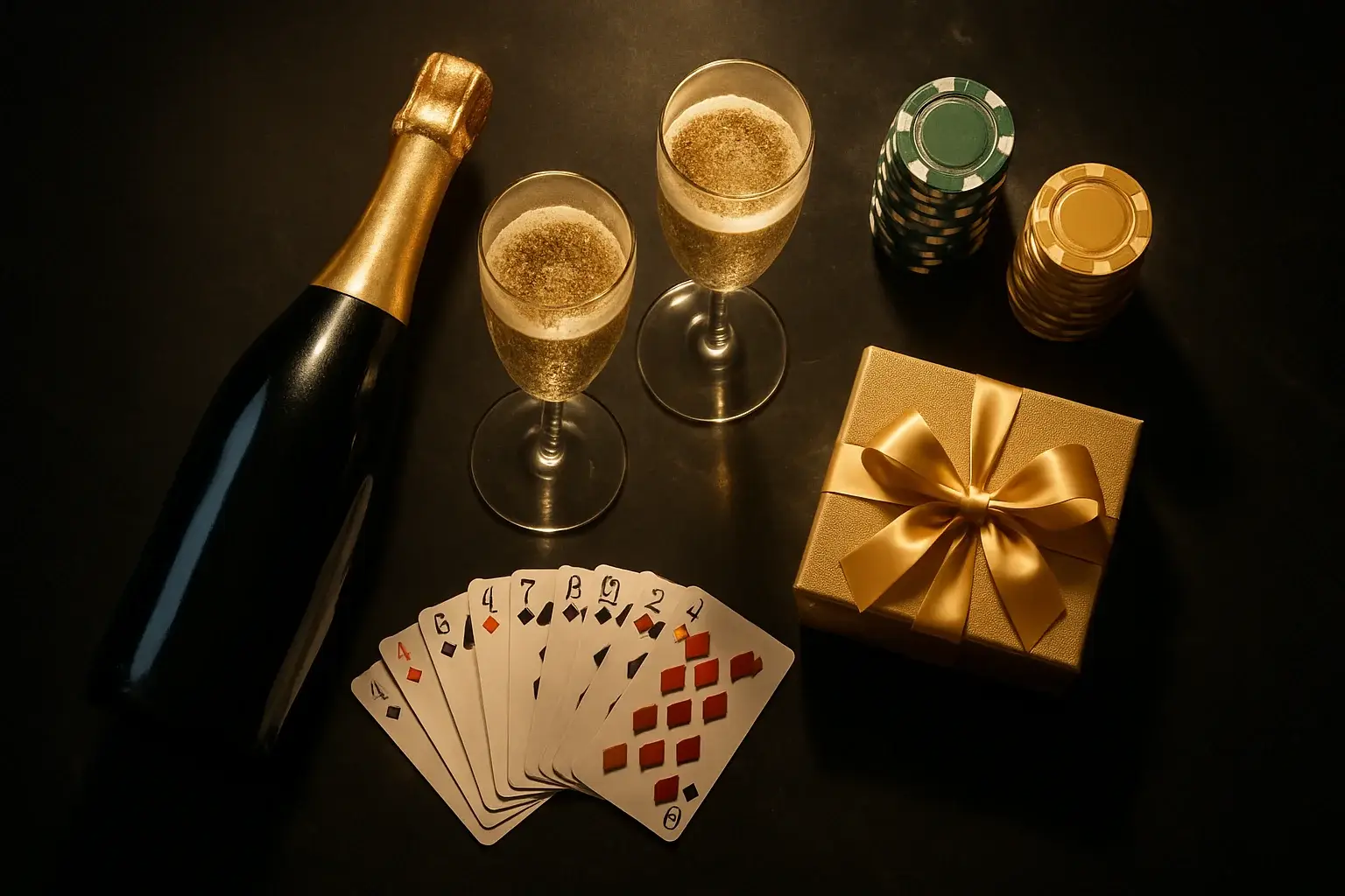 Champagne bottle, crystal flutes, casino chips, playing cards, and glowing gift box