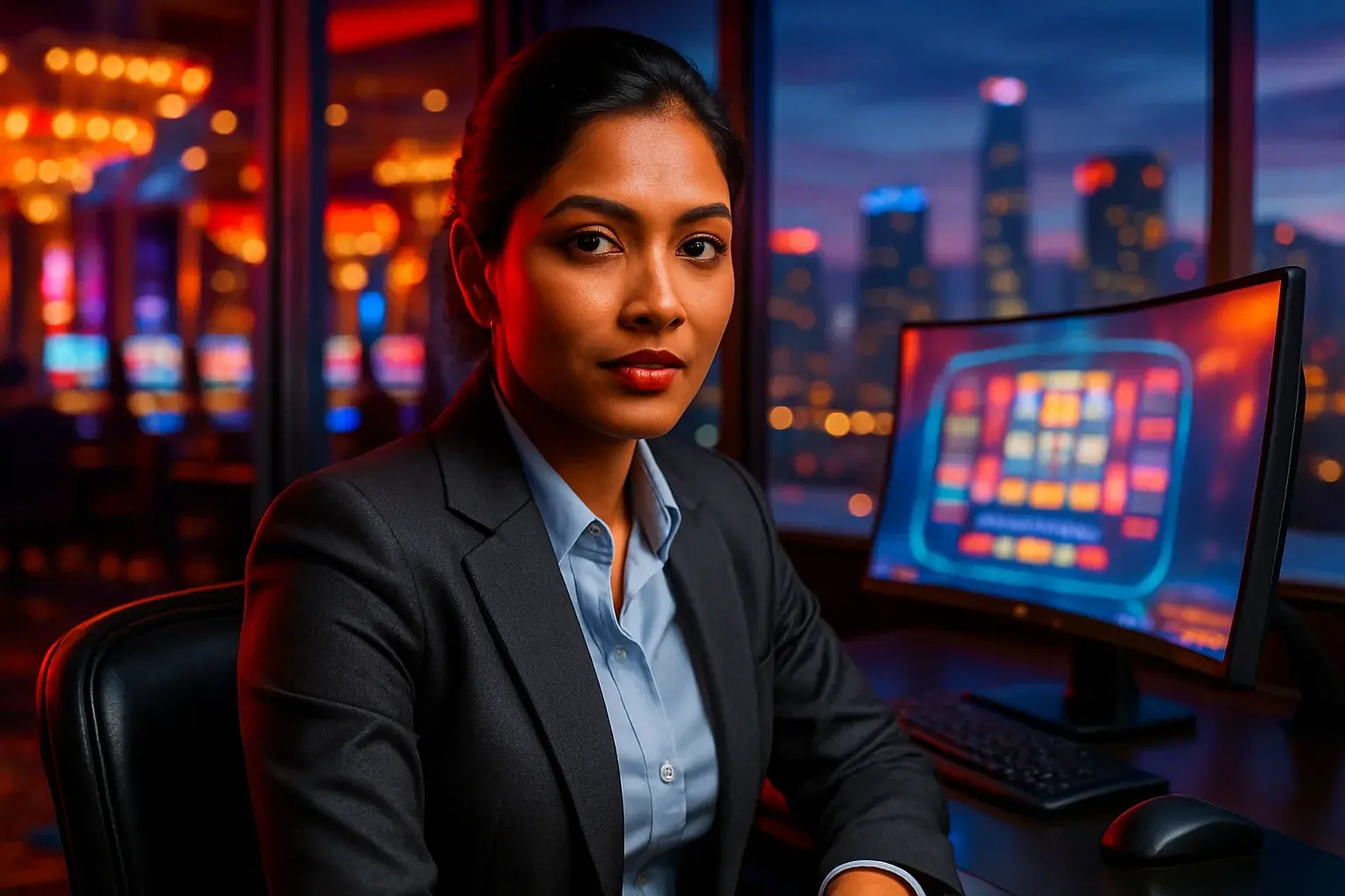 Hyperrealistic portrait of Bangladeshi businesswoman at high-tech casino registration desk
