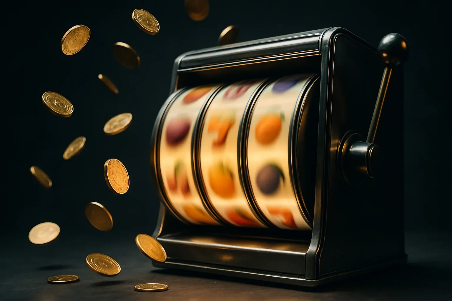 Glowing slot machine reels mid-spin with flying gold coins in dark studio
