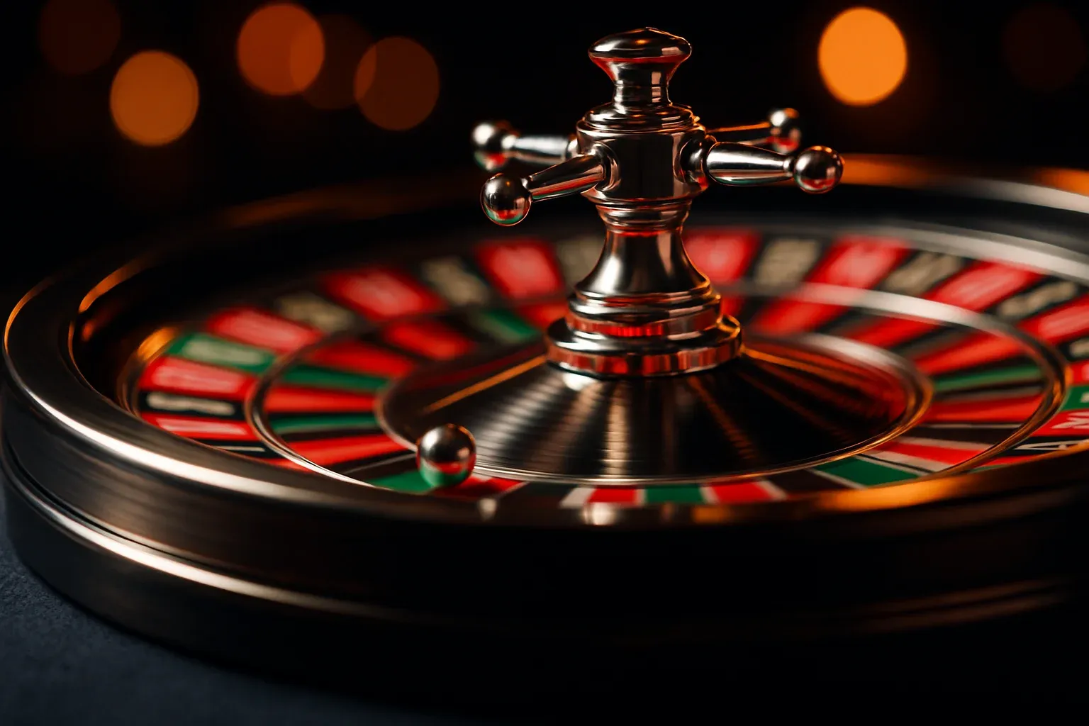Hyperrealistic macro shot of live casino roulette wheel spinning with chrome ball