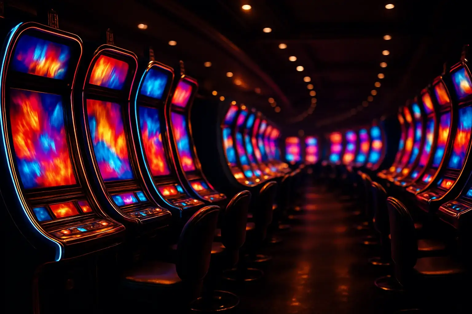 Wide cinematic view of opulent casino slot machine hall with glowing machines